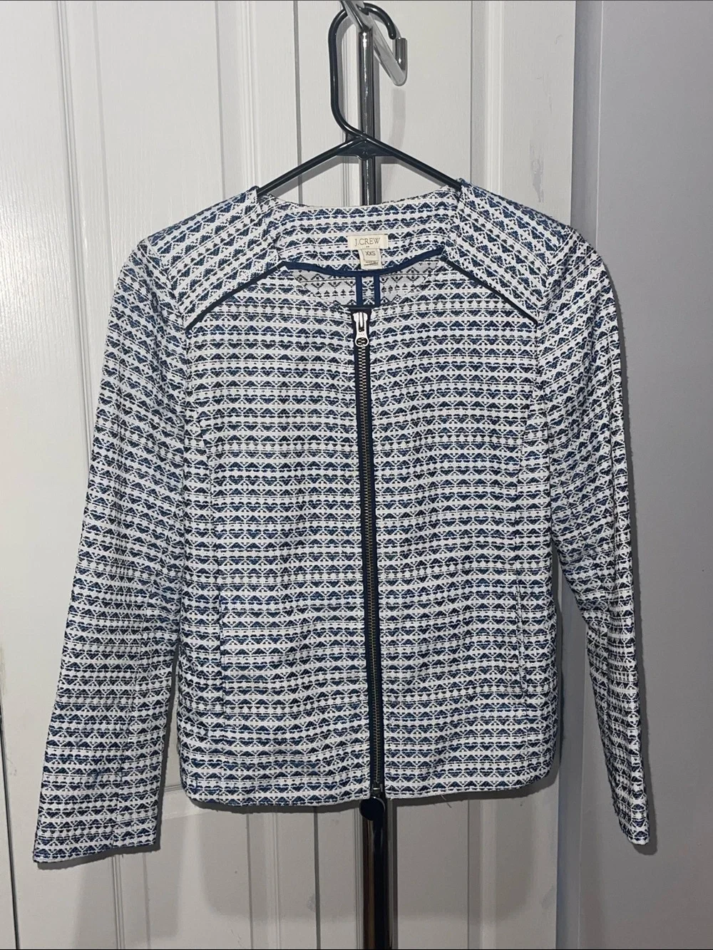 J. Crew Navy & White Zip-Front Patterned Blazer